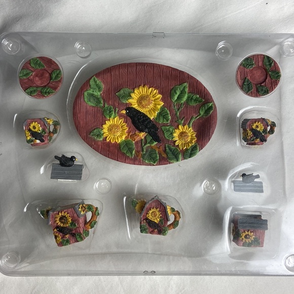 NIB 1990s miniature, collectible, tea set featuring crows barn and sunflower - Picture 10 of 11